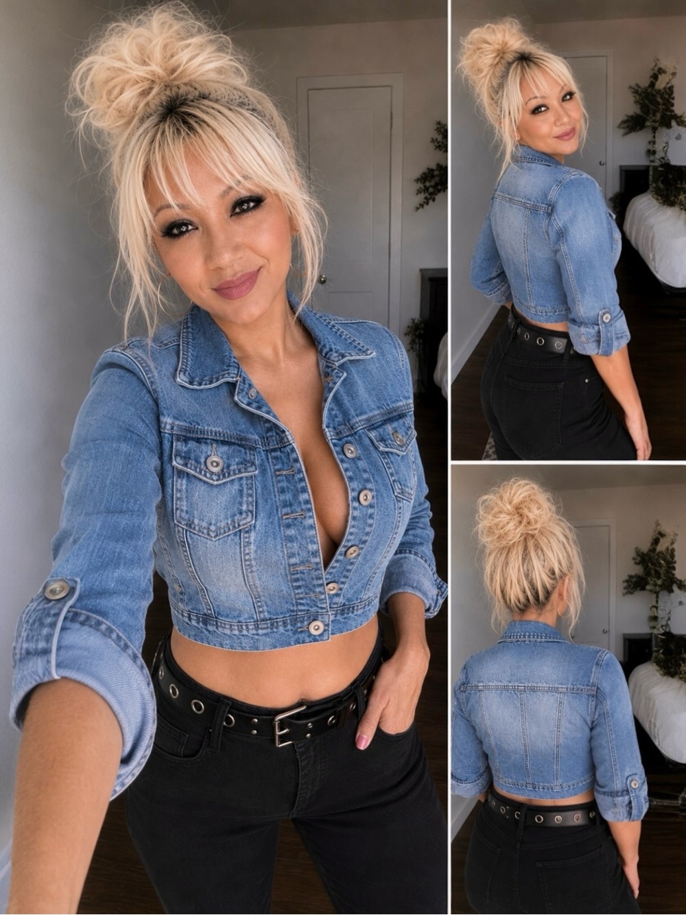 Highway Jeans Vintage Y2K Cropped Denim Jacket Adjustable 3/4 Sleeve Med Wash